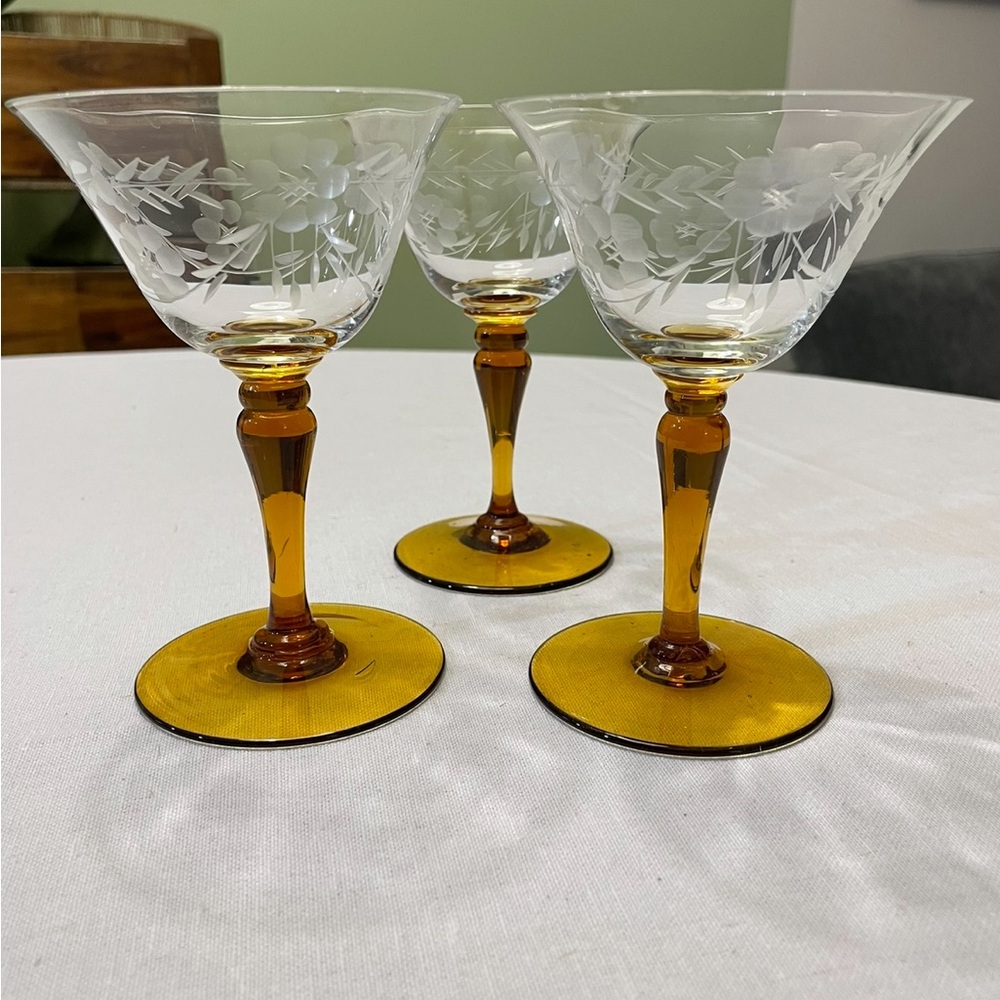 2 Vintage Wine Glass with Amber Stem and etched corn flowers designed.